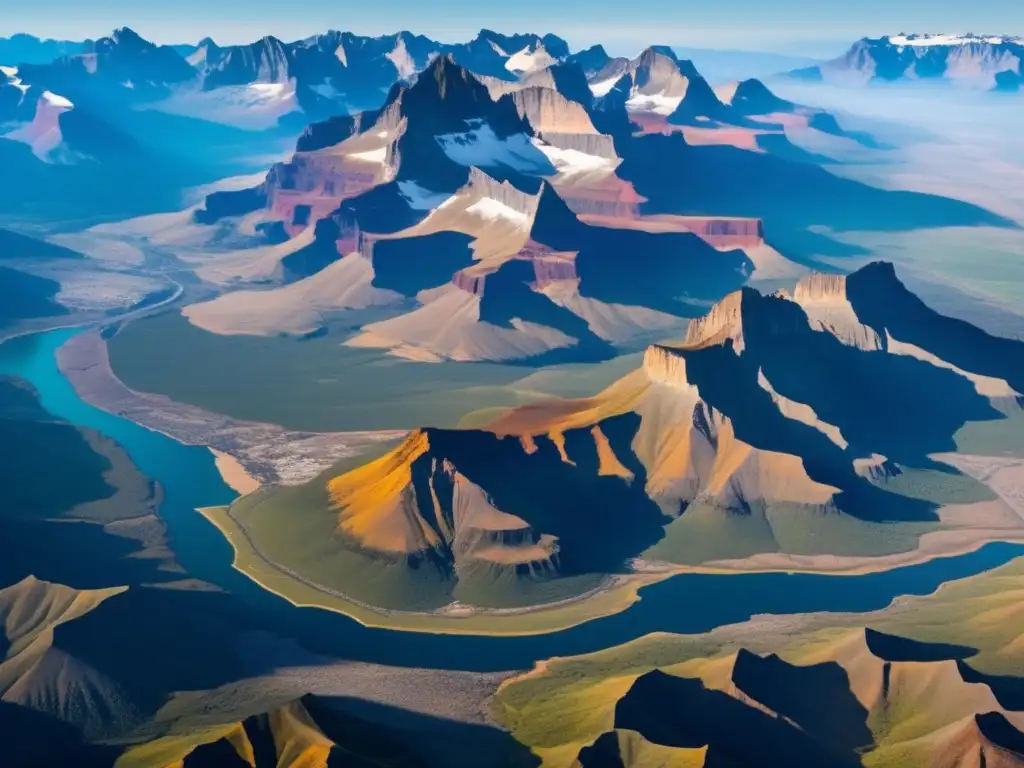 Impresionante vista aérea de una majestuosa cadena montañosa con colores vibrantes y ríos serpenteantes - Cursos de geología sostenible