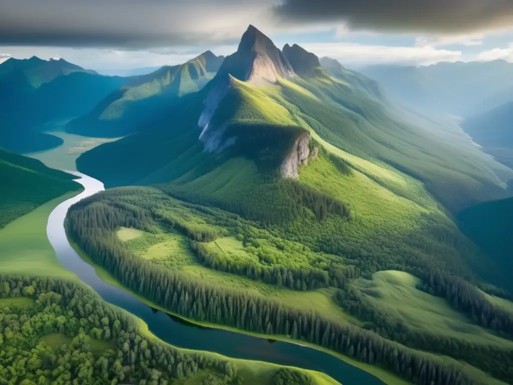 Paisaje natural con bosque denso, montañas nevadas, ríos cristalinos