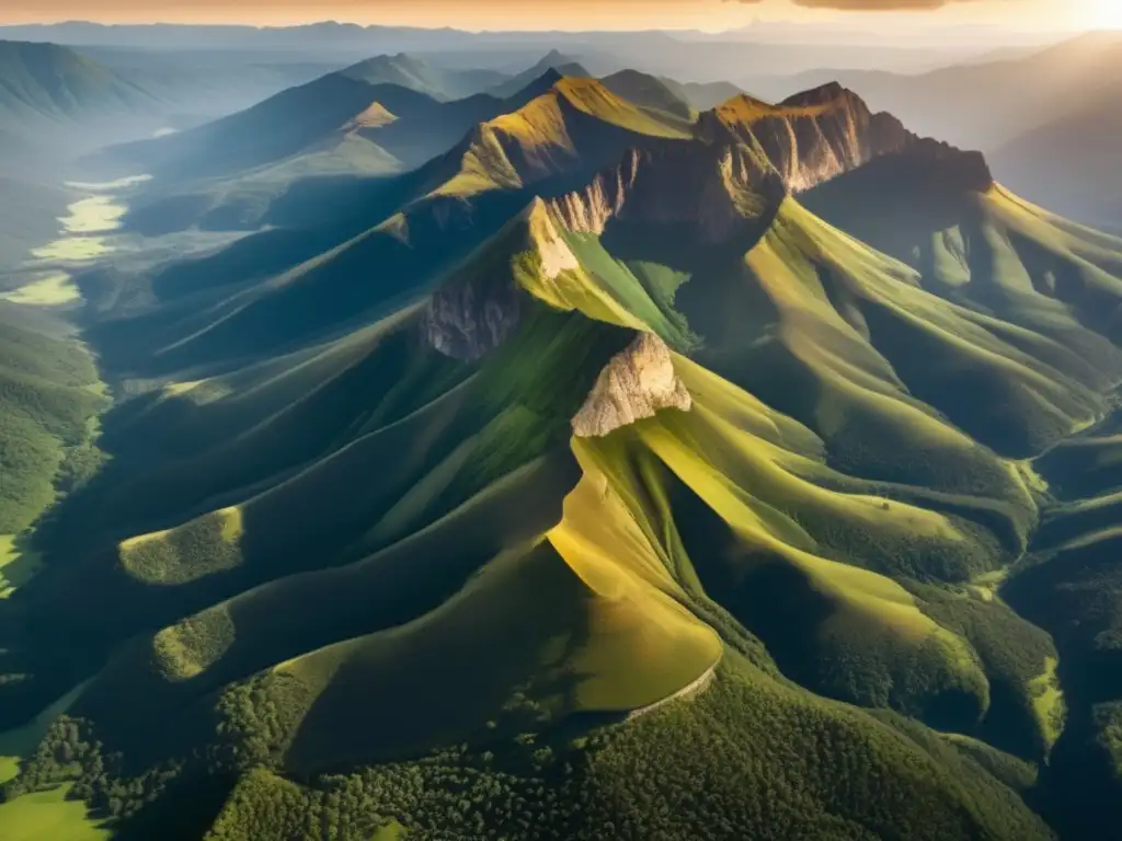 Vista aérea impresionante de una cordillera rodeada de bosques verdes