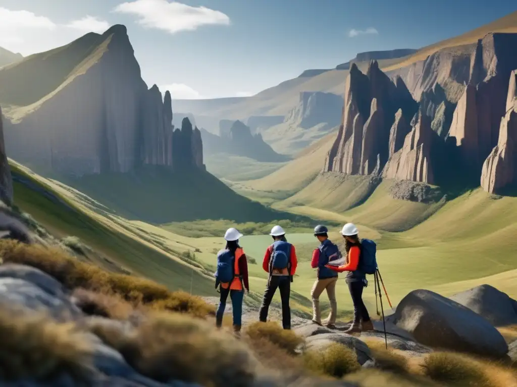 Beneficios de estudiar geología en un paisaje montañoso, estudiantes realizando trabajo de campo