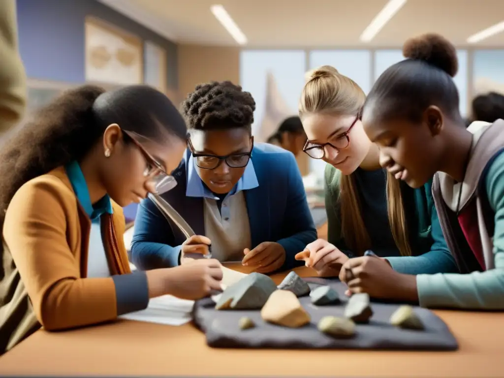 Estudiantes de geología sostenible en un aula, colaborando y explorando rocas