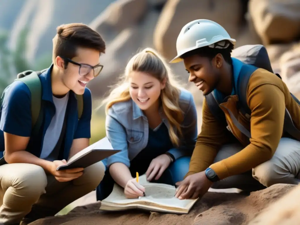 Estudiantes de geología explorando rocas y fósiles en un entorno natural - Cursos de geología sostenible