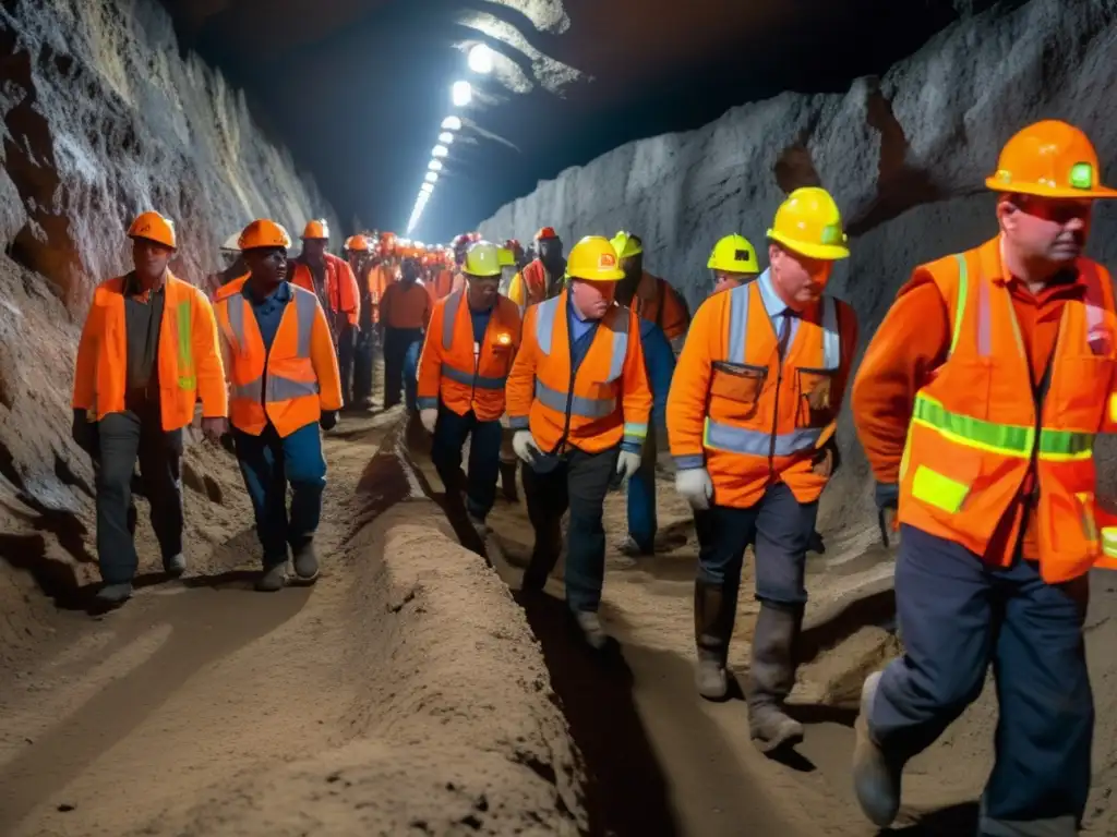 Evacuación mina: Mineros siguen protocolos de emergencia en túnel subterráneo iluminado, resaltando seguridad y organización