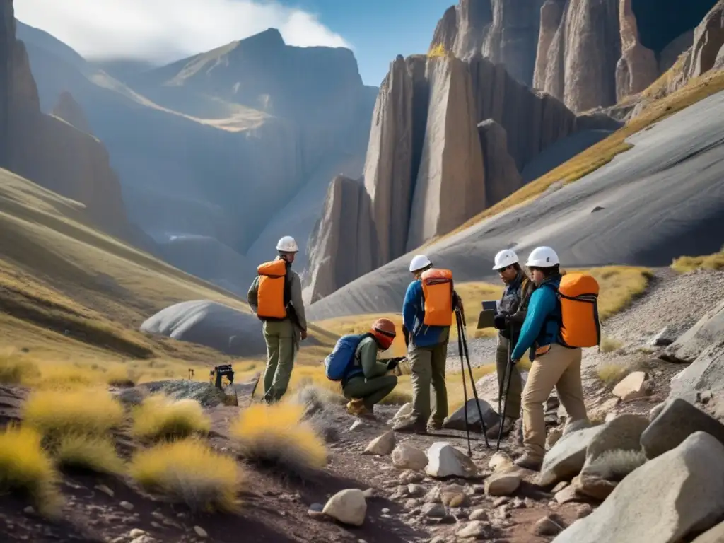 Equipo de geólogos en expedición geológica, investigando y recolectando datos en terreno montañoso