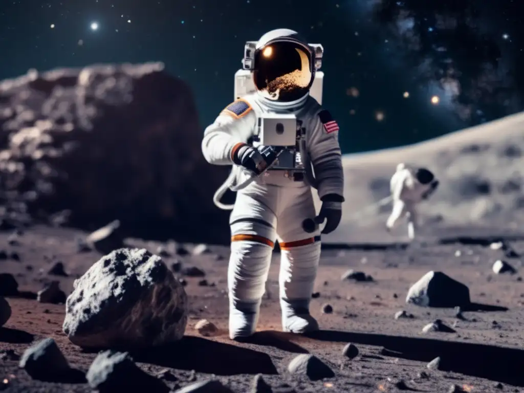 Oportunidades de extracción de minerales en el espacio: Astronauta en un asteroide con recursos minerales y tecnología