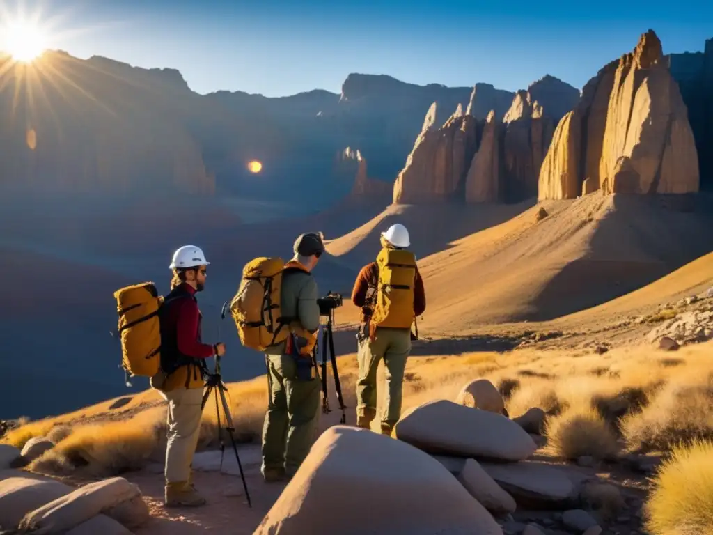 Equipo de geólogos y geofísicos en terreno, explorando minerales y datos geofísicos