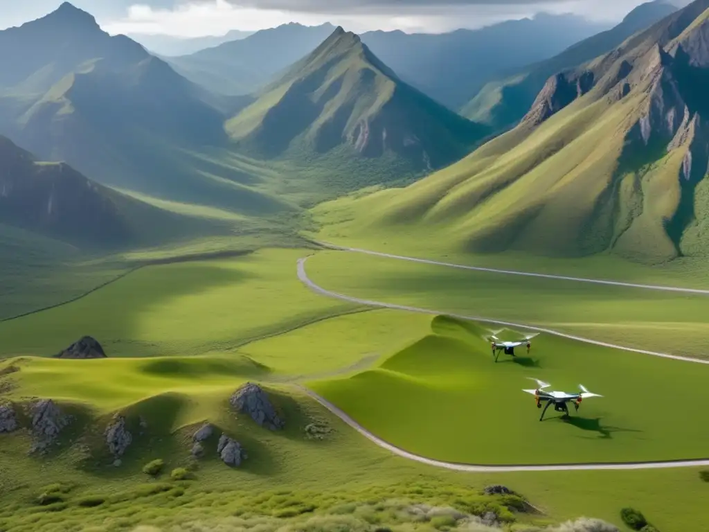 Paisaje verde con montañas, geólogos tecnológicos realizando exploración sostenible de minerales