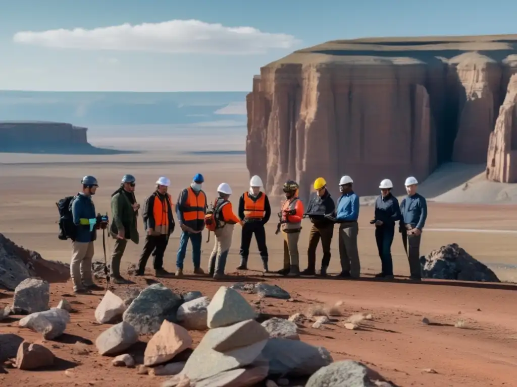 Grupo de geólogos exploran terreno rocoso con tecnologías de detección de minerales en exploración geofísica