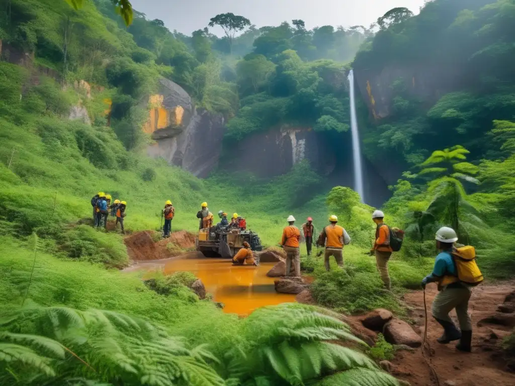 Técnicas sostenibles de minería de ámbar en una exploración geológica en un exuberante sitio minero rodeado de bosque