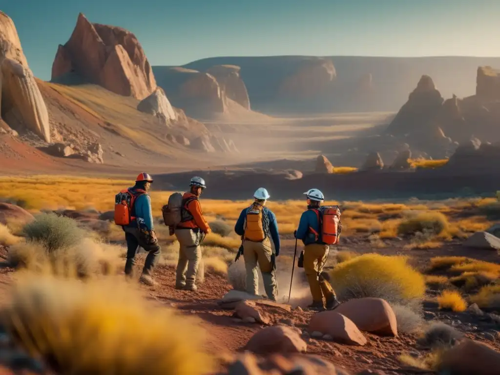 Grupo de geólogos en acción en paisaje remoto y rugoso