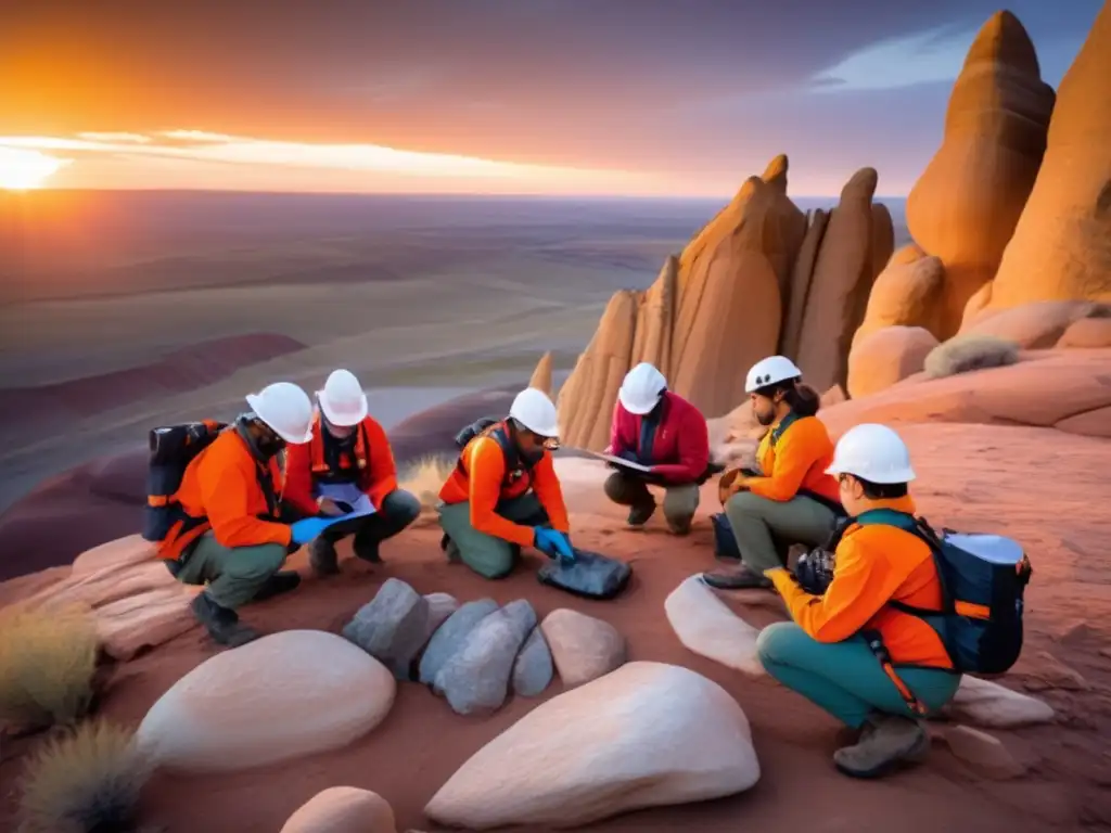 Geólogos explorando formación rocosa Geólogos explorando formación rocosa con herramientas sostenibles