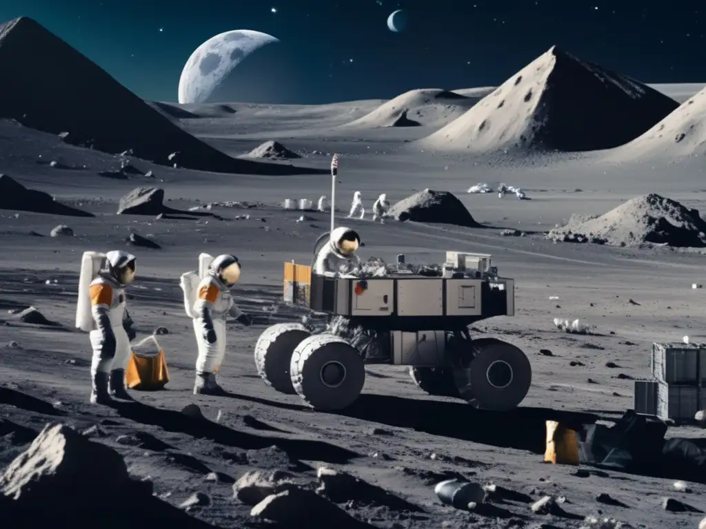 Paisaje lunar desolado con astronautas reciclando: Peligros minería espacial: análisis legal