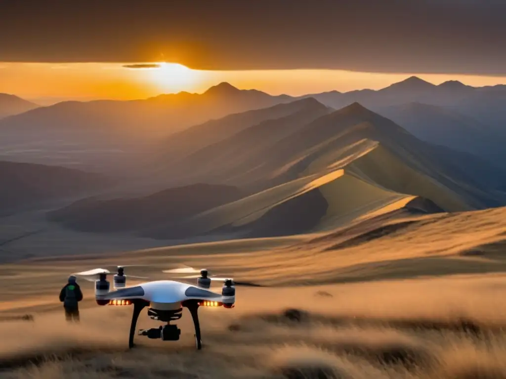 Herramientas modernas exploración minera en paisaje montañoso al atardecer