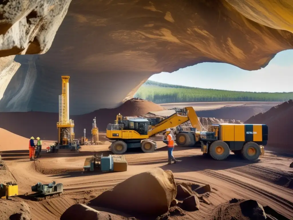 Tecnología innovadora en exploración minera Herramientas innovadoras para exploración minera: panorama de sitio minero con trabajadores, maquinaria y tecnología avanzada