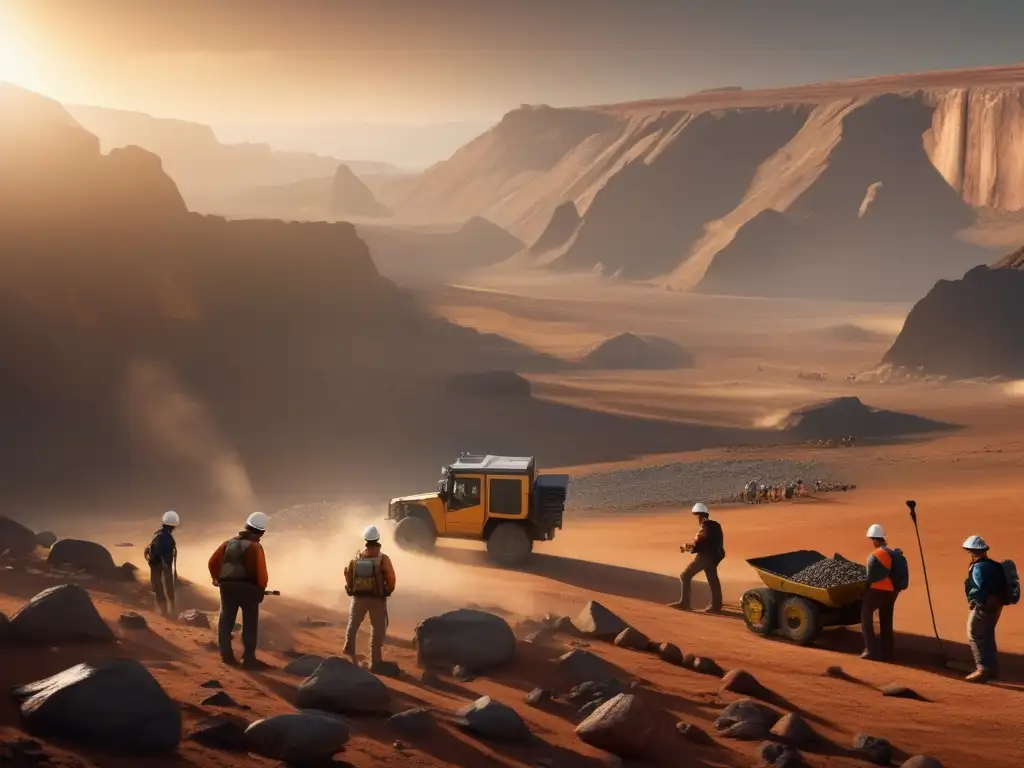 Tecnología sostenible para la minería en terreno montañoso con geólogos y mineros investigando y utilizando herramientas avanzadas