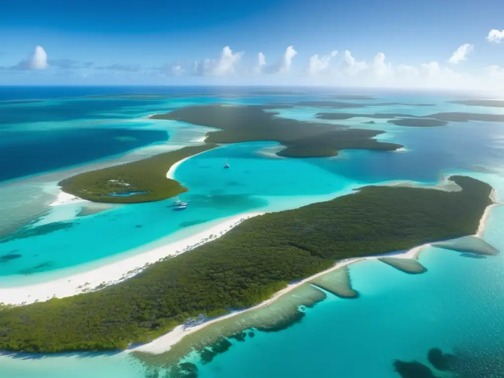 Conexión económica minería Bahamas: panorámica de las hermosas islas, aguas turquesas, geólogos explorando