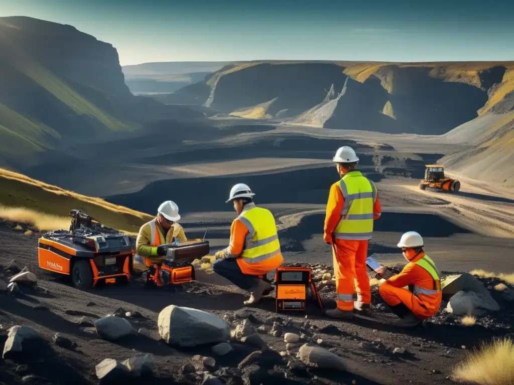 Herramientas modernas exploración minera en paisaje remoto y montañas imponentes