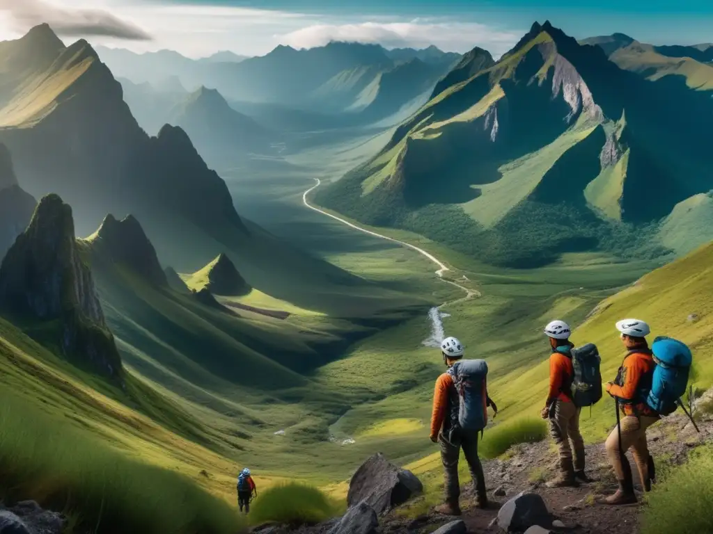 Exploradores examinan paisaje montañoso Exploración minera con tecnologías sostenibles en paisaje montañoso