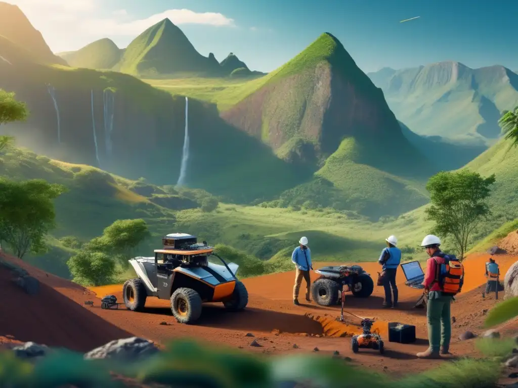 Equipo de geólogos y ingenieros en sitio de exploración minera Tecnologías sostenibles para exploración minera