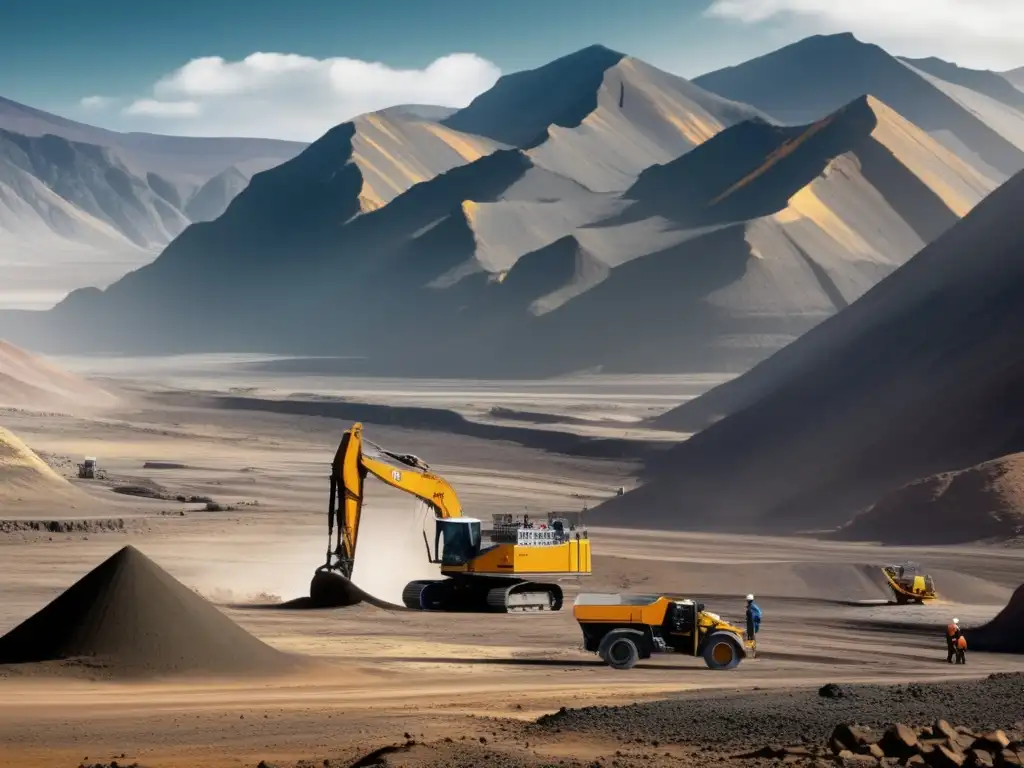 Innovaciones en minería sostenible Innovaciones en prospección minera sostenible en paisaje de montañas y equipos detectando minerales