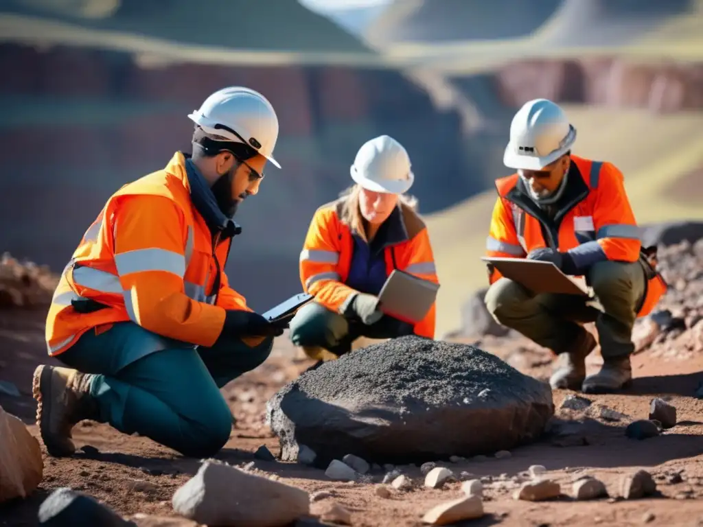 Geólogos explorando en mina remota con tecnología avanzada Tecnología sostenible en minería: Exploración geológica en paisajes remotos con avanzadas herramientas