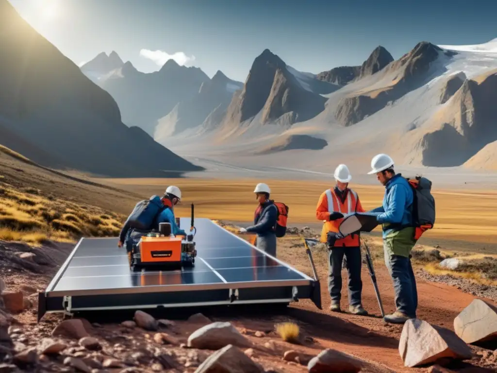 Equipo de geofísicos realizando exploración mineral en paisaje montañoso - Interpretación de datos geofísicos minerales