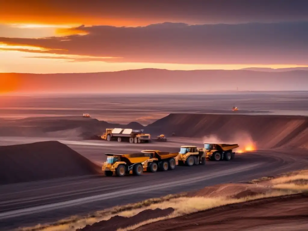 Ingenieros y geólogos analizan minerales en mina a cielo abierto al atardecer - Tecnologías sostenibles de detección minerales