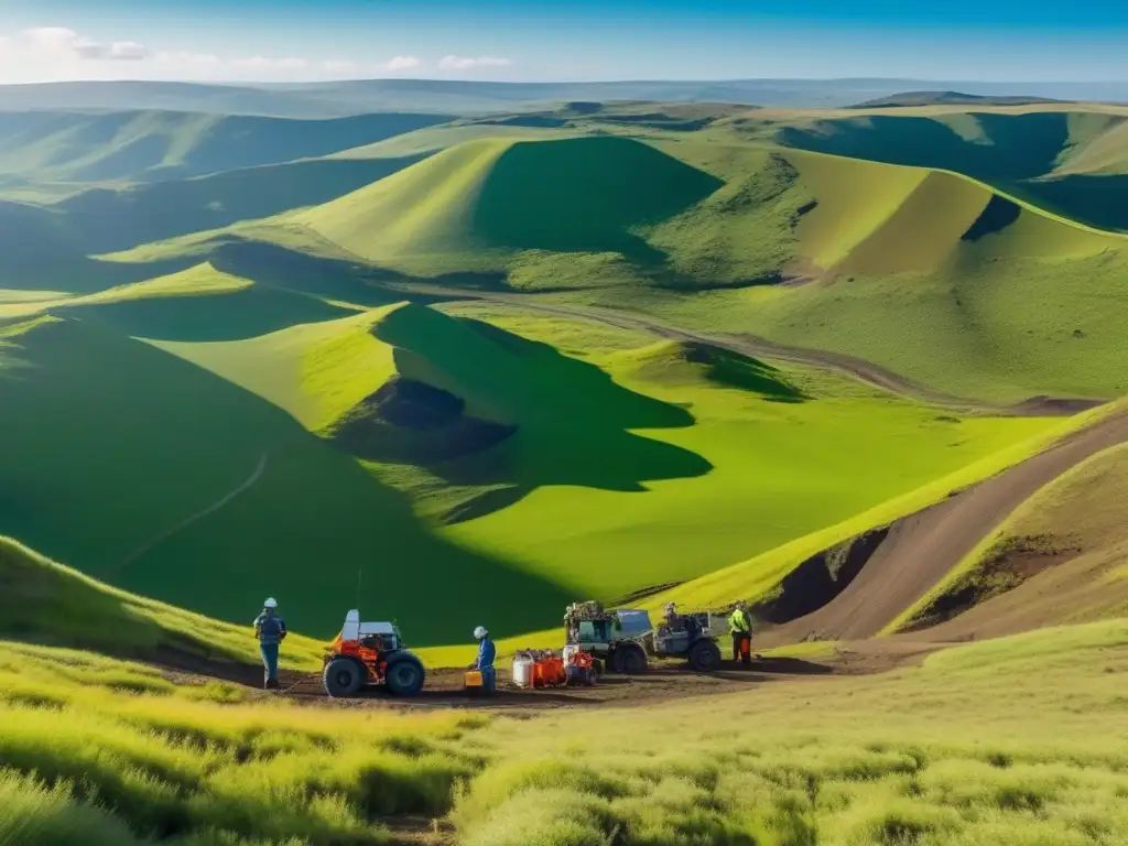 Técnicas de exploración minera sostenible en paisaje verde expansivo con geólogos y mineros trabajando juntos