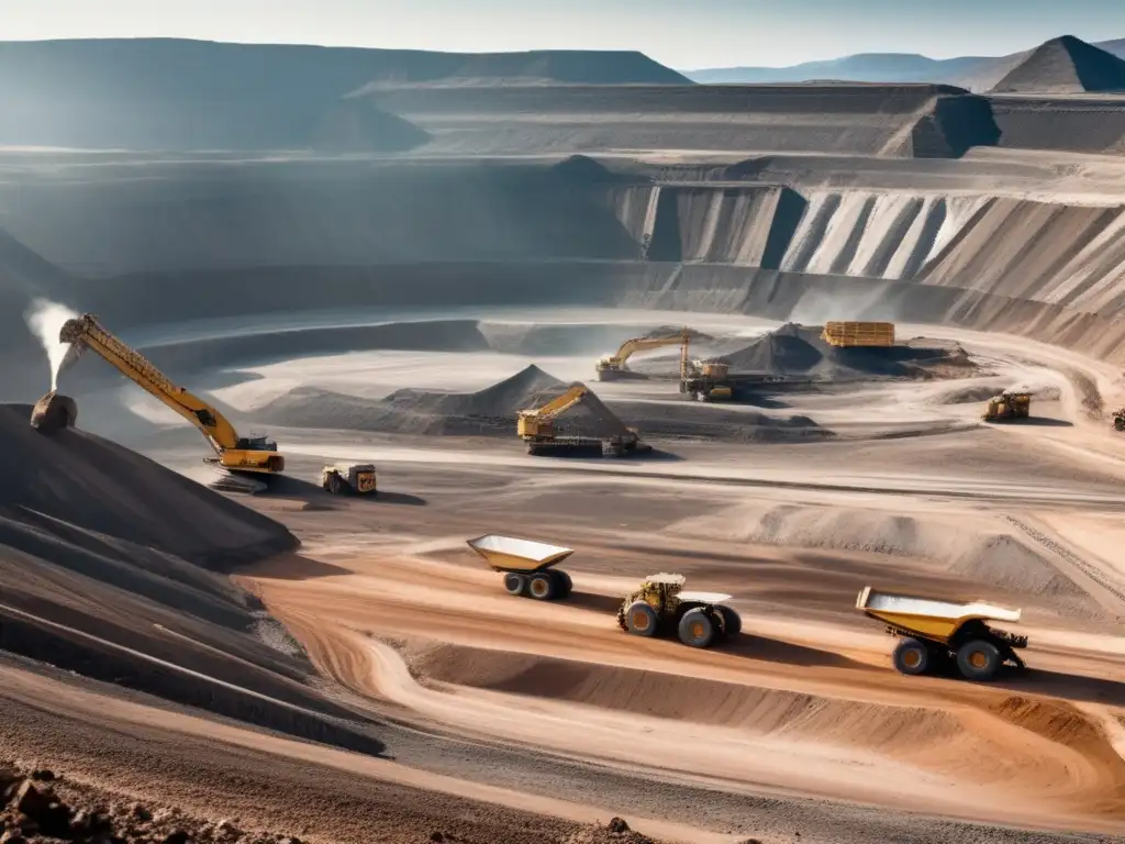 Impacto ambiental de la minería de minerales para vehículos eléctricos en un vasto sitio minero rodeado de montañas y paisajes desolados