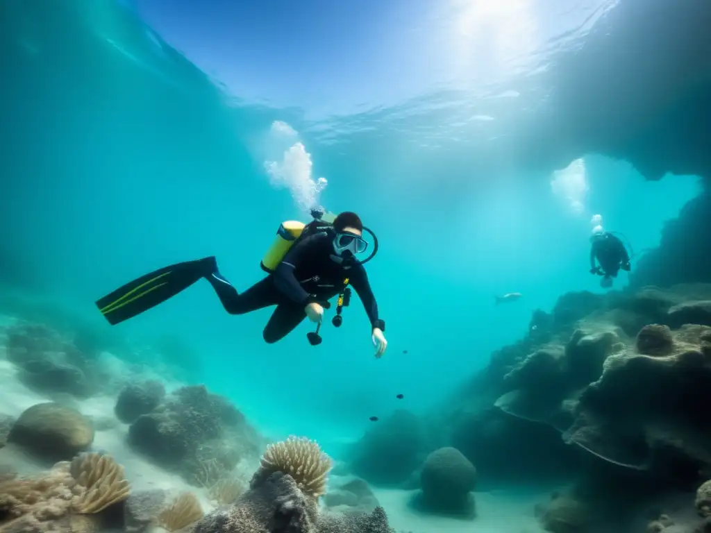 Impacto ambiental extracción subacuática sostenible: Mineros submarinos extraen minerales con delicadeza, en un entorno marino vibrante y equilibrado