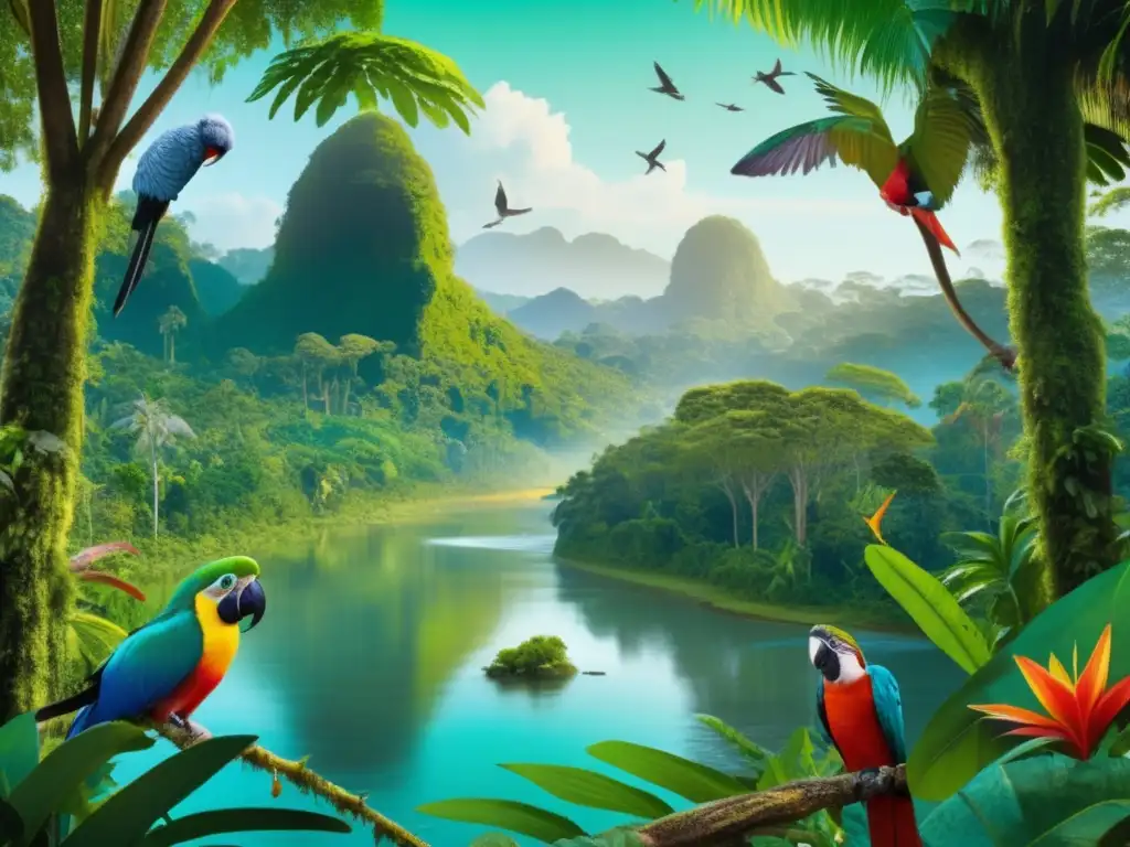 Impacto minero en vida silvestre: exuberante selva, río cristalino, aves coloridas, actividad indígena