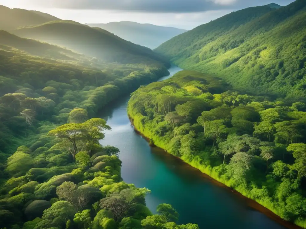 Técnicas sostenibles de geología en impresionante paisaje: bosque exuberante, río cristalino y montañas majestuosas