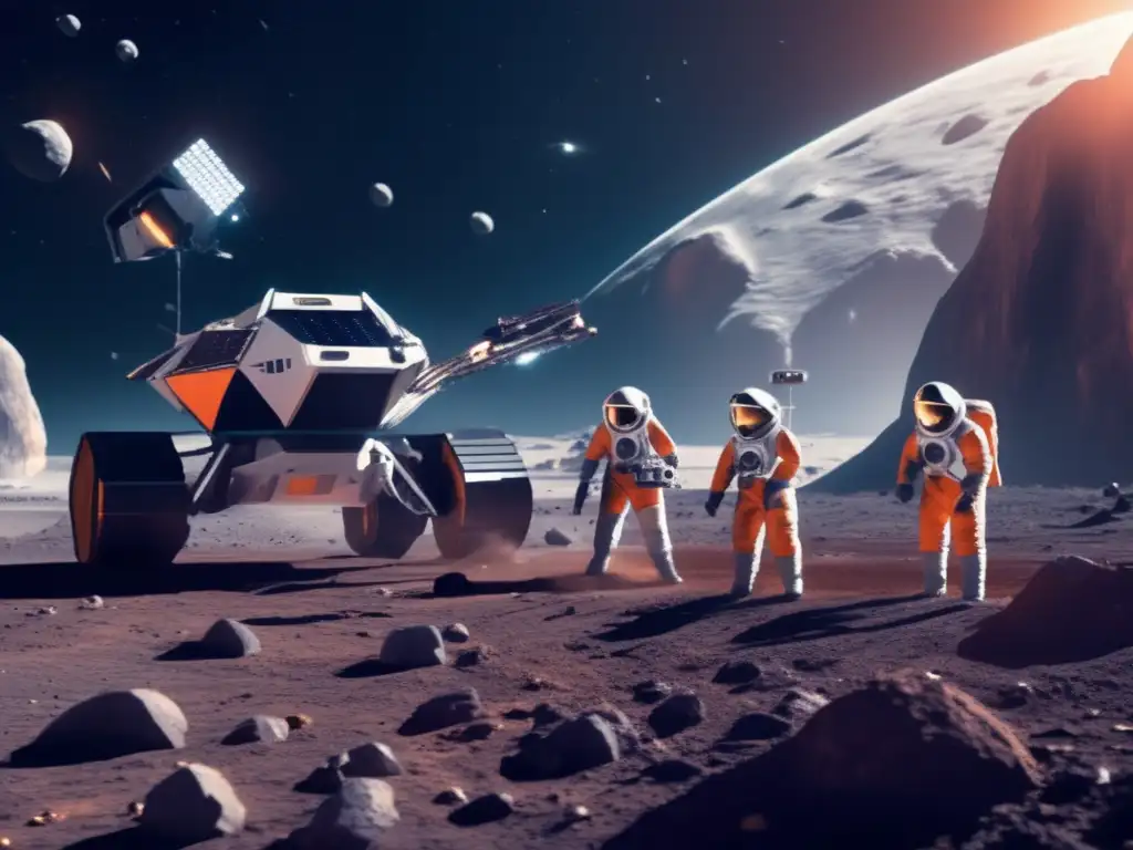 Un equipo de astronautas y drones extrae recursos valiosos de un asteroide en una escena futurista de minería espacial sostenible