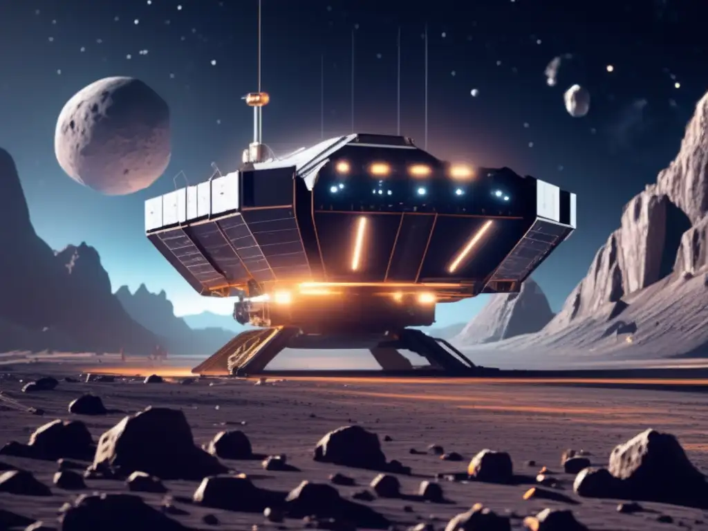 Tecnología extracción asteroides sostenible: Estación minera futurista en asteroide, con brazos robóticos y luces artificiales