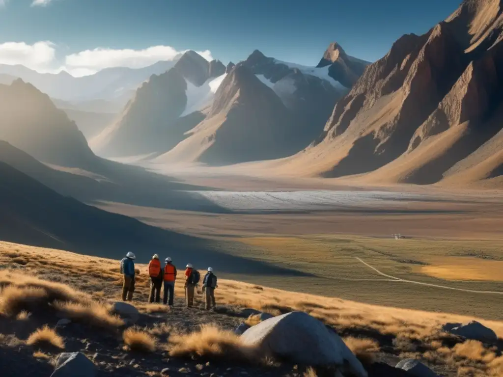 Paisaje de montañas y valles con geocientíficos realizando estudios geofísicos para descubrir riquezas ocultas (110 caracteres)