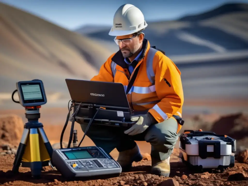 Geofísico en paisaje minero analizando datos para minería sostenible