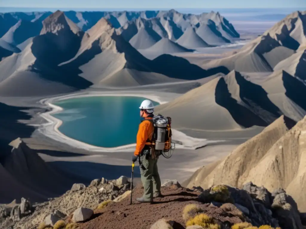 Geofísico explorando paisaje geológico en busca de riquezas ocultas