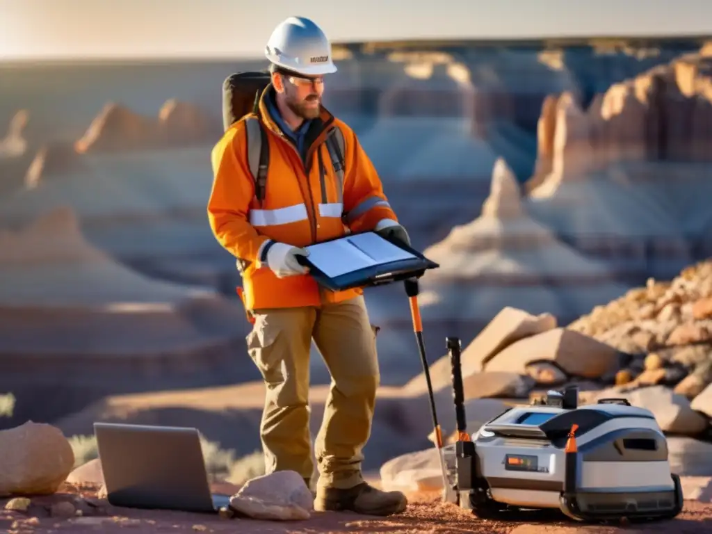 Geofísico utilizando radar en paisaje rocoso con minerales: Técnicas geofísicas para minería sostenible