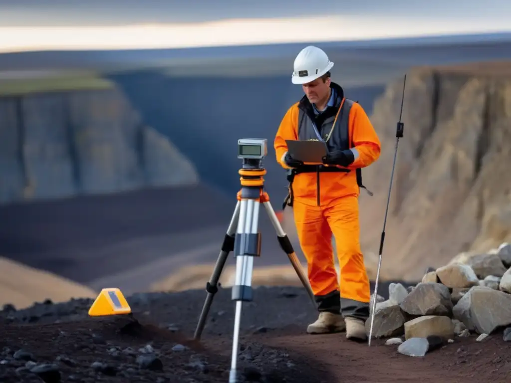 Geofísico midiendo campo gravitatorio en paisaje minero - Técnicas de interpretación geofísica en minería sostenible