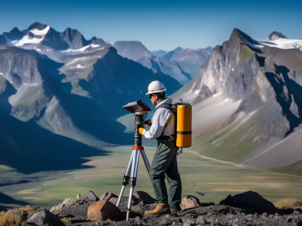 Geofísico midiendo la gravedad en paisaje montañoso - Interpretación Geofísica para minería sostenible