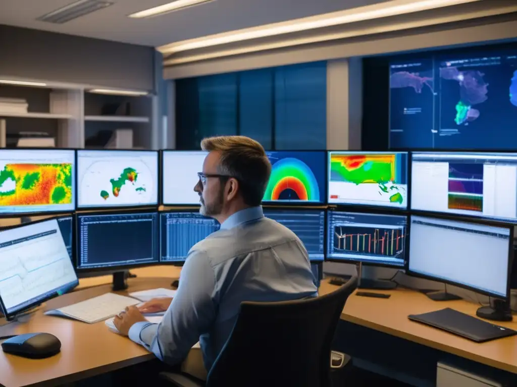 Geofísico analizando datos con software especializado en oficina bien iluminada - Interpretación de datos geofísicos sostenibles