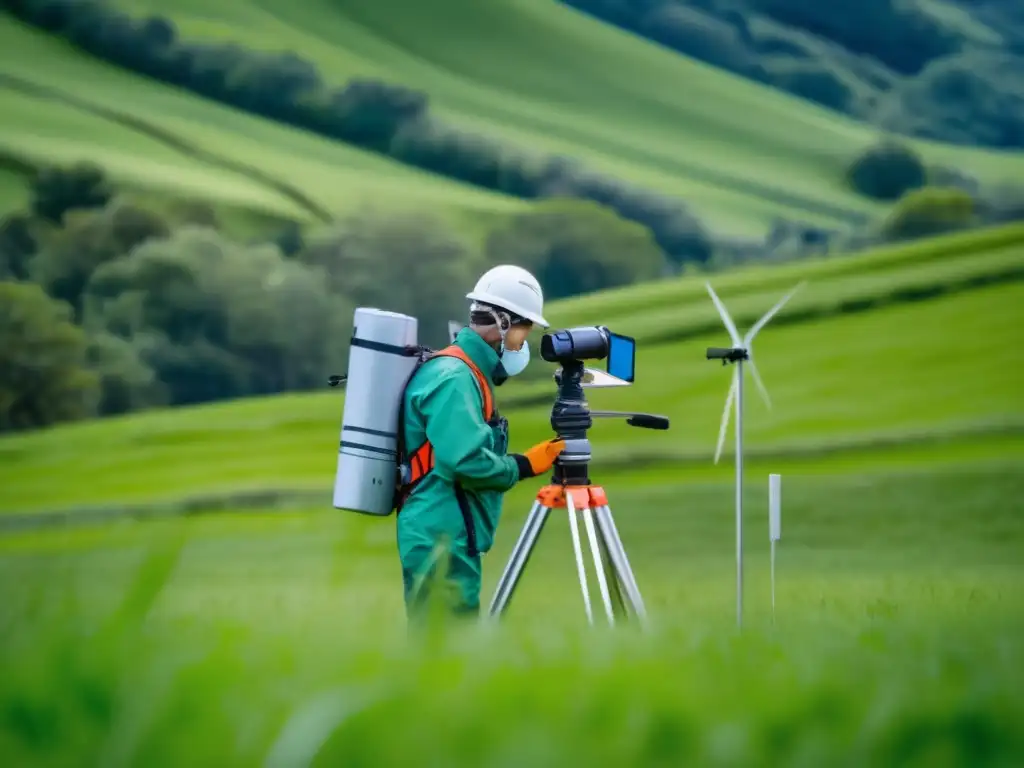 Geofísico realizando encuesta electromagnética en campo verde con técnicas sostenibles