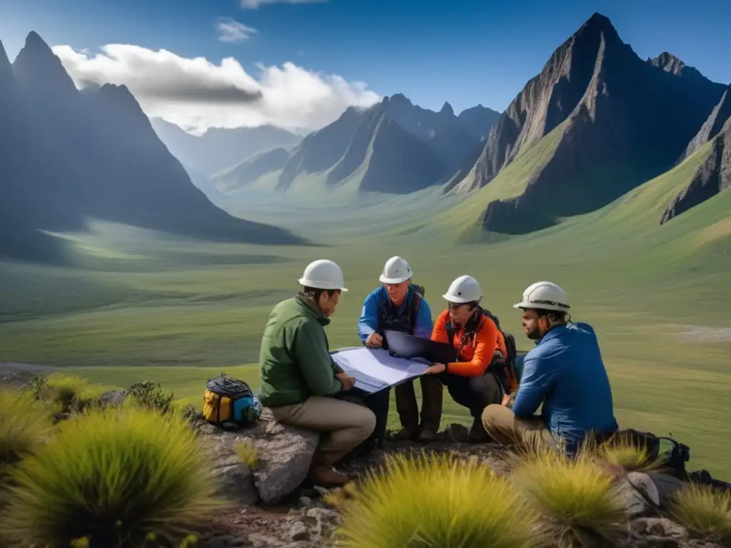 Técnicas sostenibles en minería geofísica: expertos analizan datos en terreno desafiante, rodeados de montañas y vegetación densa