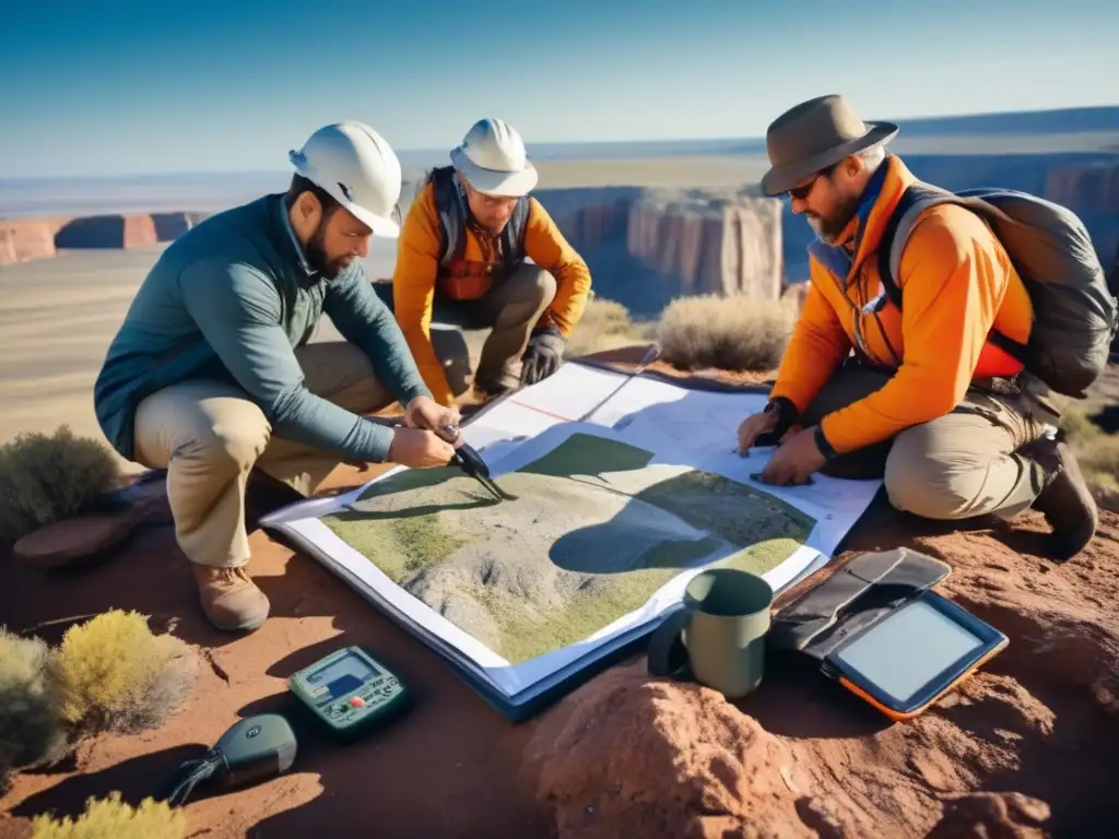 Técnicas sostenibles de mapeo geológico en terreno remoto con equipo de geólogos, herramientas y paisaje impresionante