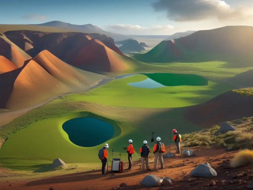 Técnicas avanzadas de geología sostenible en acción, geólogos trabajando en hermoso paisaje natural