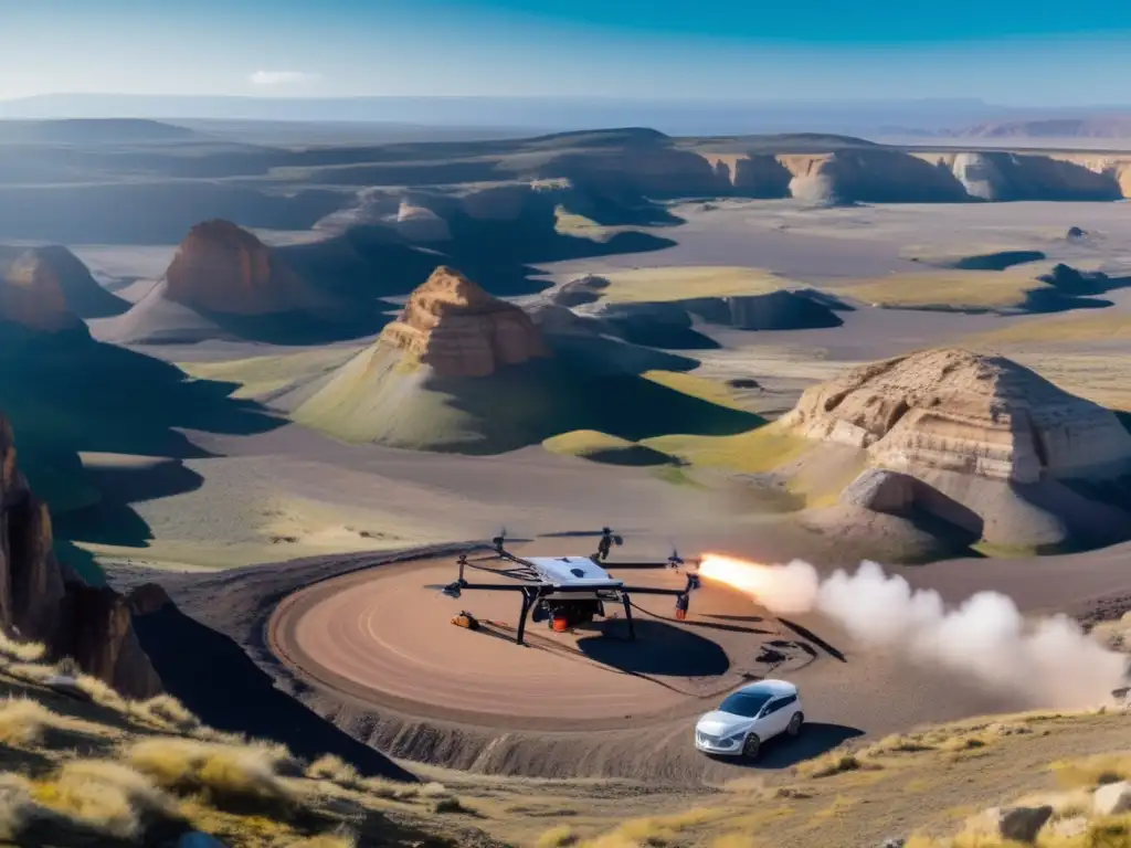 Herramientas de mapeo geológico sostenible en acción: drones capturan imágenes detalladas del terreno y AI crea modelo 3D en tiempo real