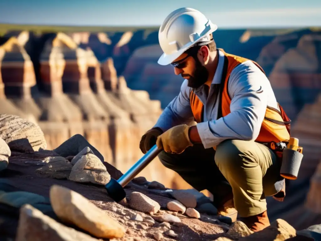 Geólogo examinando rocas sedimentarias en un entorno colaborativo de mapeo geológico sostenible