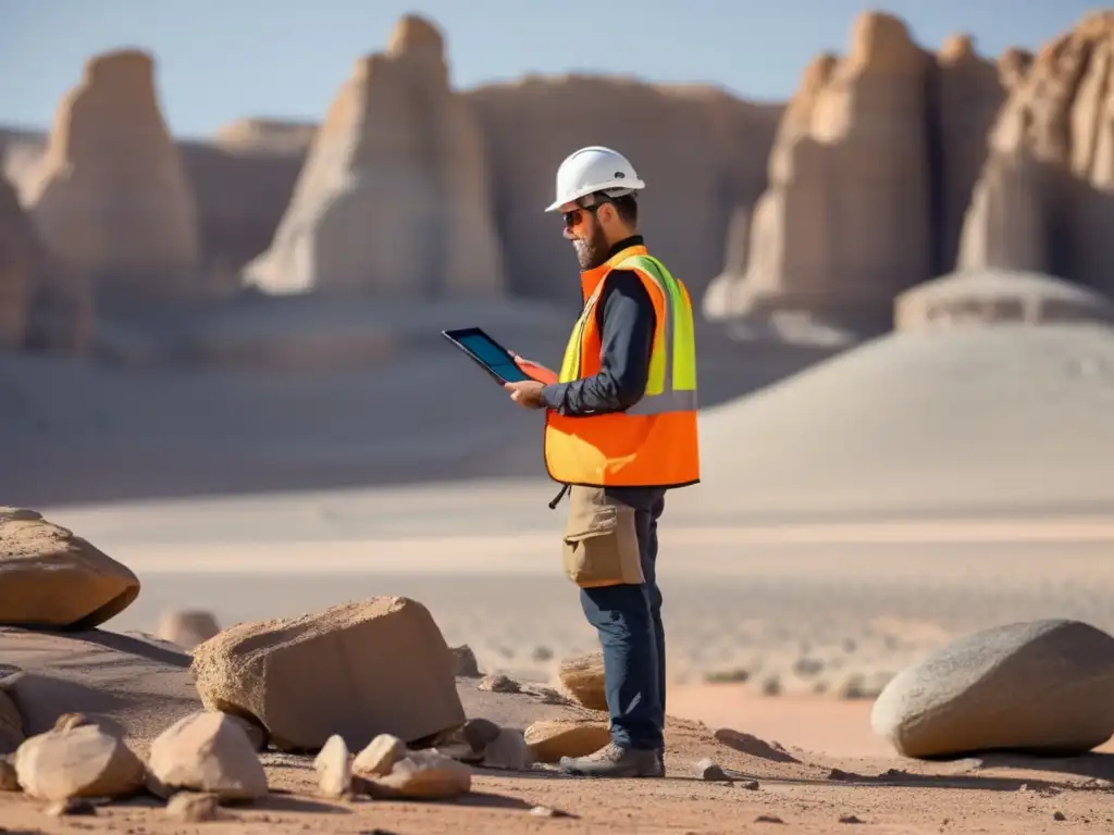 Geólogo analiza datos geofísicos en formación rocosa remota - Interpretación de datos geofísicos minerales