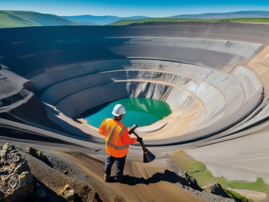 Geólogo en mina sostenible, examinando muestra rocosa (Técnicas sostenibles en minería y geología)