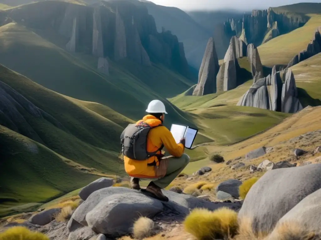 Interpretación de datos geofísicos sostenible: geólogo examinando formaciones rocosas en terreno montañoso